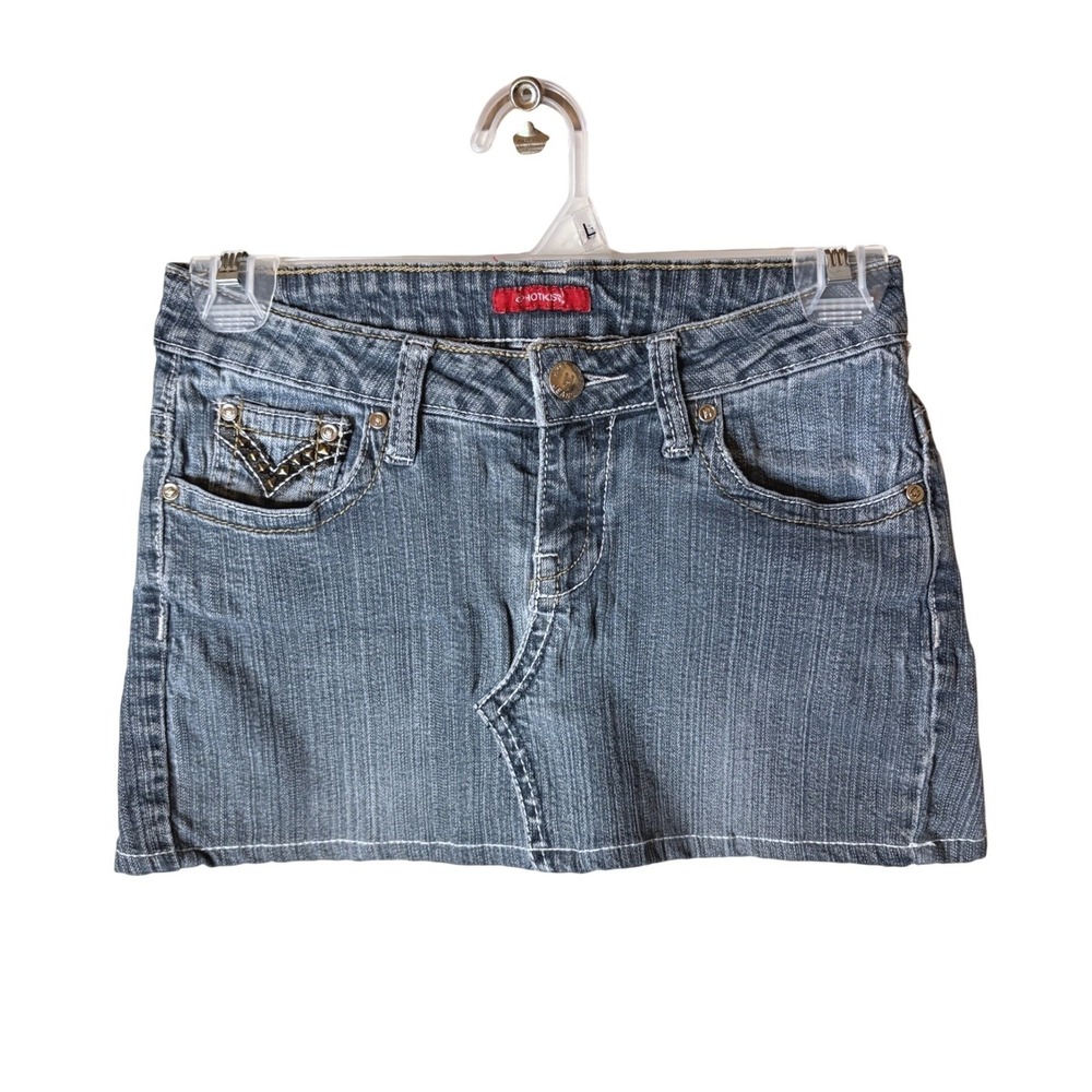 Y2K Hot Kiss Studded Denim Mini Skirt Womens 00 Blue Embellished McBling 2000s